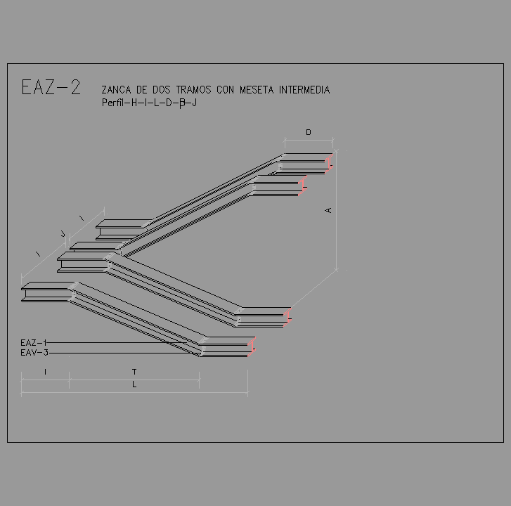 Bloque Autocad Zanca de dos tramos con meseta intermedia